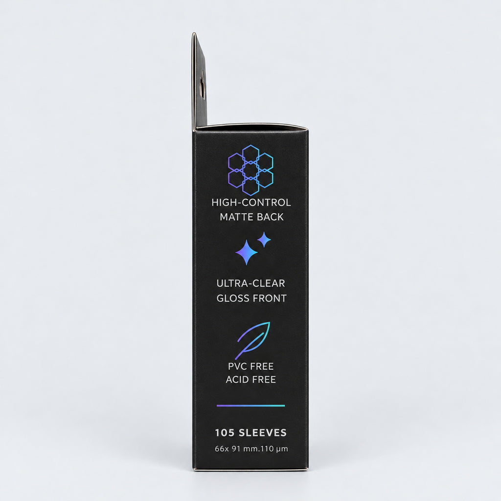 Element HEX sleeve packaging side showing high-control matte back, ultra-clear gloss front, PVC-free and acid-free materials, and 105 standard-size sleeves